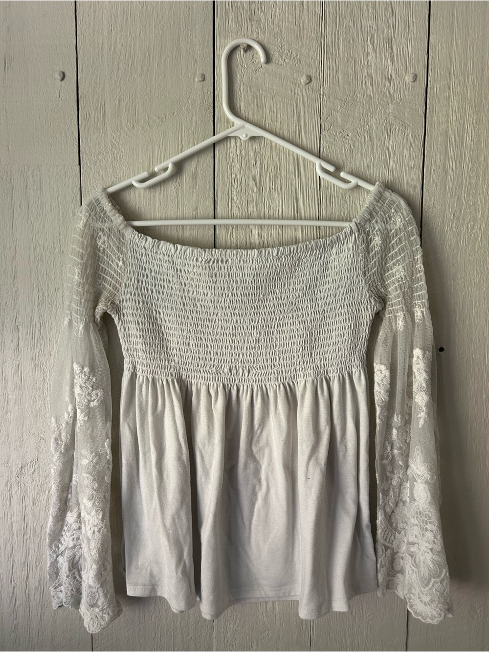 Fairycore White Smocked Off-Shoulder Lace Sleeve Top